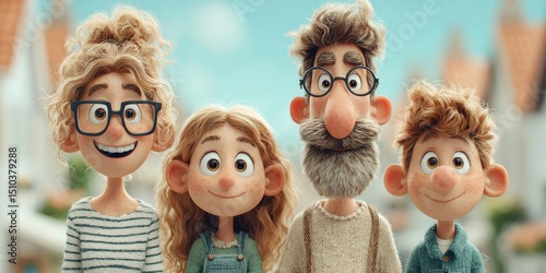 A family of four cartoon characters are smiling and posing for a picture