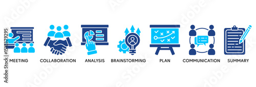 Brief icon set vector illustration concept relate to a briefing of business plan with an icon of meeting, collaboration, analysis, brainstorming, plan, communication, and summary