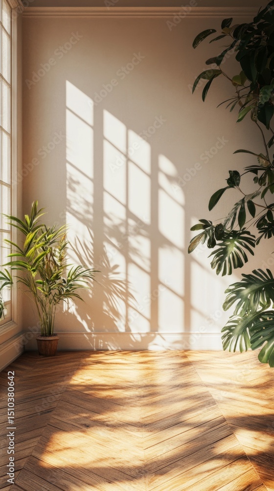 Sunlight in a room with plants and wooden floor. In interior design magazines, room design websites. Sunlight in a room with plants and wooden floor. In interior design magazines, room design websites.