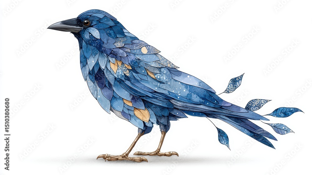 Obraz premium A beautiful watercolor crow is illustrated with blue feathers and details.
