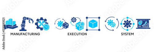 MES icon set vector illustration concept relate to  manufacturing execution system with icon of factory, service, automation, operation, production, distribution, management, structure, and analysis