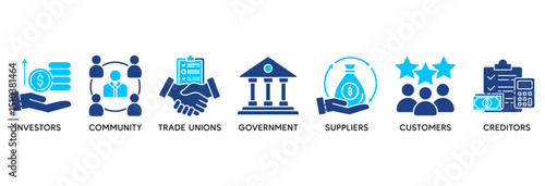 Stakeholder relationship icon set vector illustration concept relate to stakeholder, investor, government, and creditors with icon of community, trade unions, suppliers, and customers