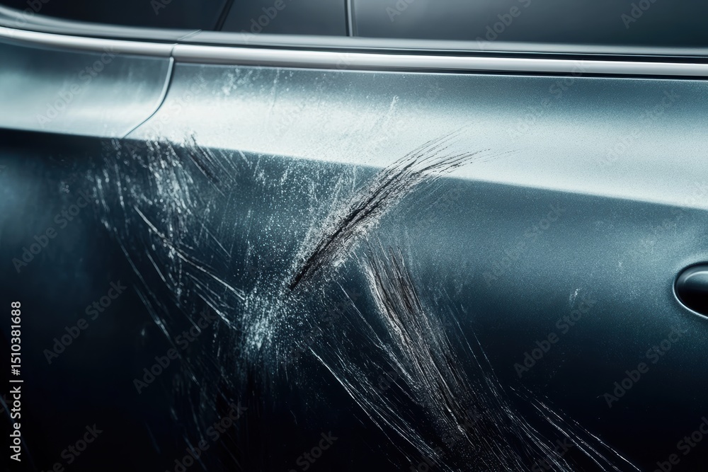Obraz premium Damage observable on car door revealing scratches and paint loss in urban setting