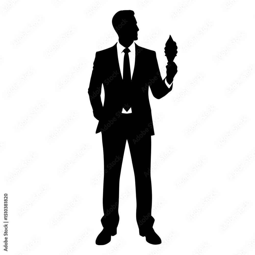 Silhouette of a man in a suit holding an ice cream cone in his hand isolated on transparent background, no background Silhouette of a man in a suit holding an ice cream cone in his hand isolated on transparent background, no background