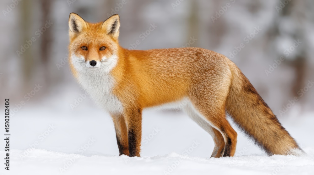 Fototapeta premium Majestic Red Fox Standing on Snowy Ground in Winter Landscape