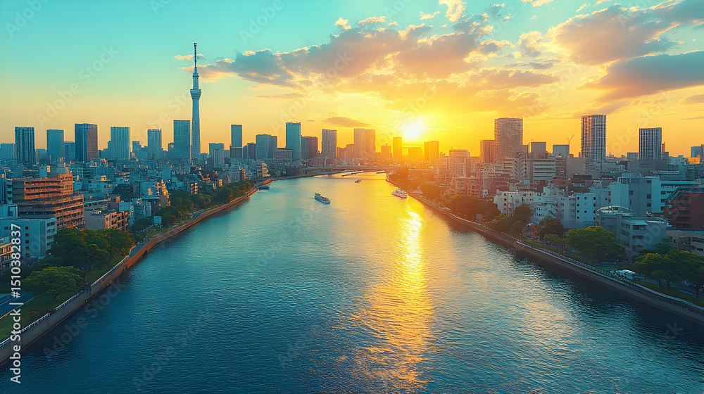 Fototapeta premium Sunset Cityscape Illustration