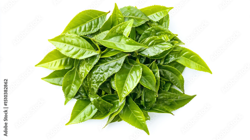 Obraz premium Top view of a pile of Sencha green tea leaves isolated on a white background, showcasing texture and natural color