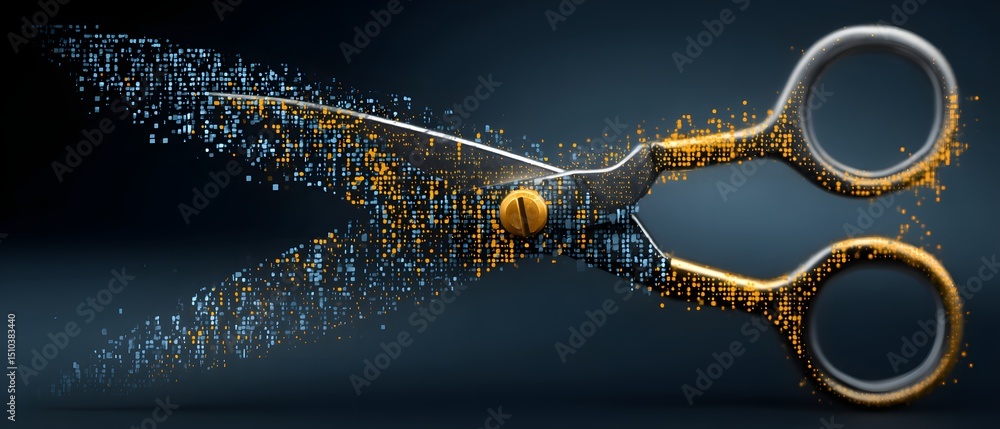Fototapeta premium A metallic pair of scissors dissolves into digital pixels, blending technology with traditional tools.