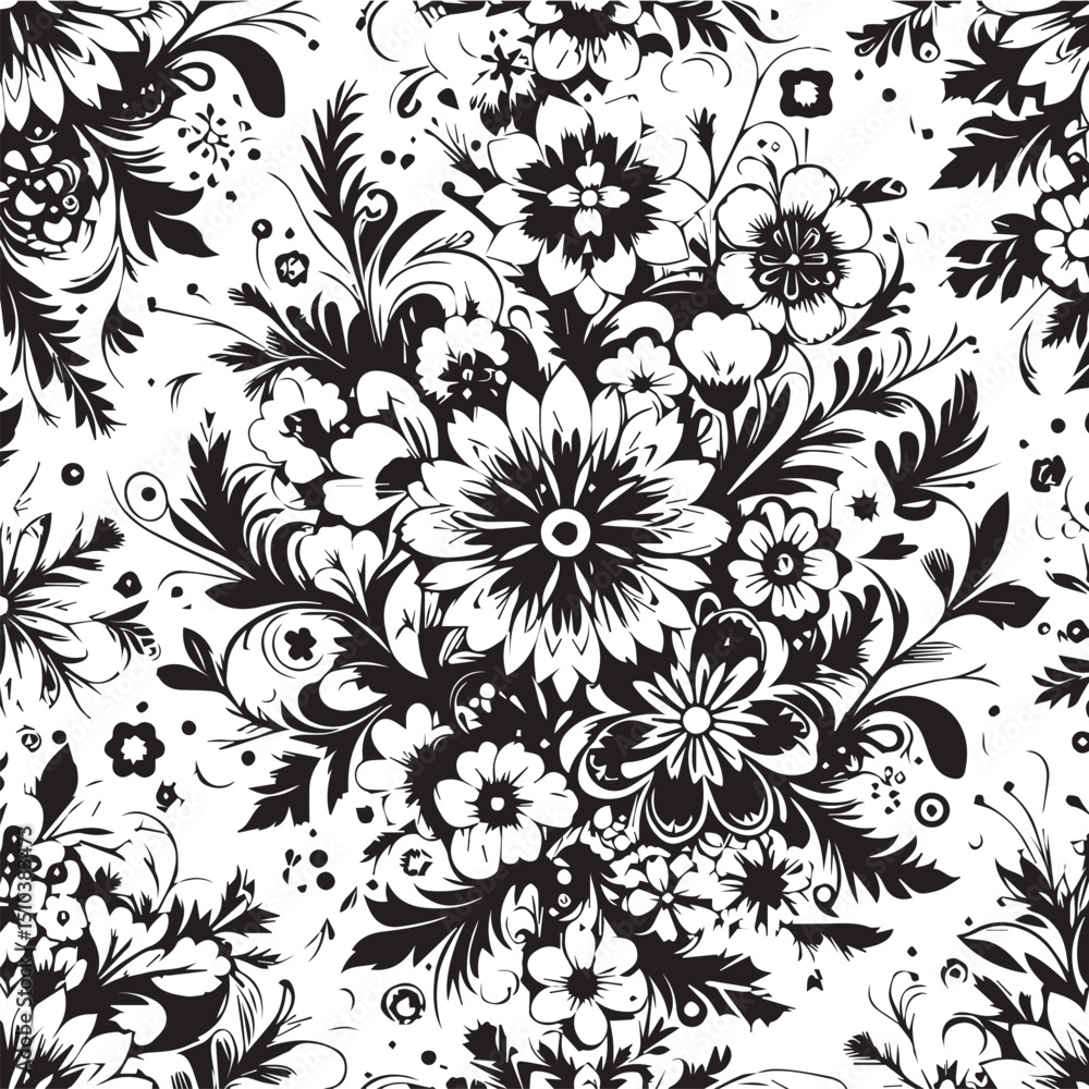 Seamless Floral Pattern Vector in Classic Black & White