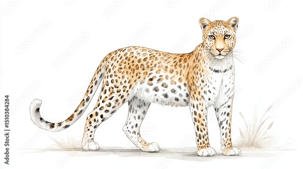 Obraz premium Hand drawn watercolor illustration of a beautiful leopard on white background