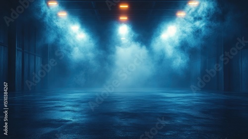 Smoky dark garage interior with blue lights and concrete floor