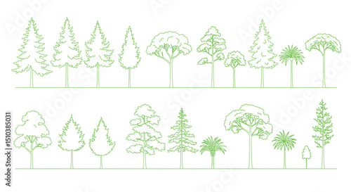 Architectural Drawings, Minimal style cad tree line drawing, Side view, set of section wildlife forest outline symbol for landscape design drawing. 