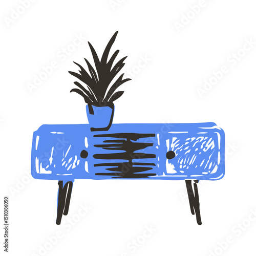 Hand-drawn Blue Console Table with Plant, Modern Interior Design Vector