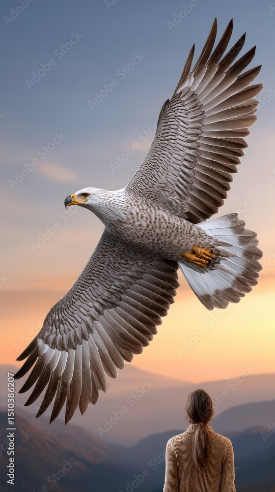 Naklejka premium Majestic Eagle in Flight Above a Person at Sunset in Nature