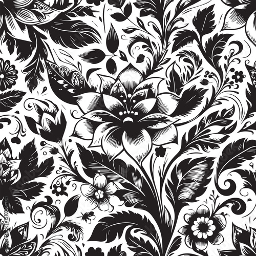 Wallpaper Mural Seamless Floral Pattern Vector in Classic Black & White Torontodigital.ca