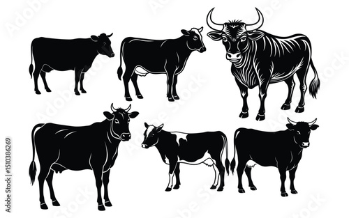 Black and White Cow Head Bundle Illustration.