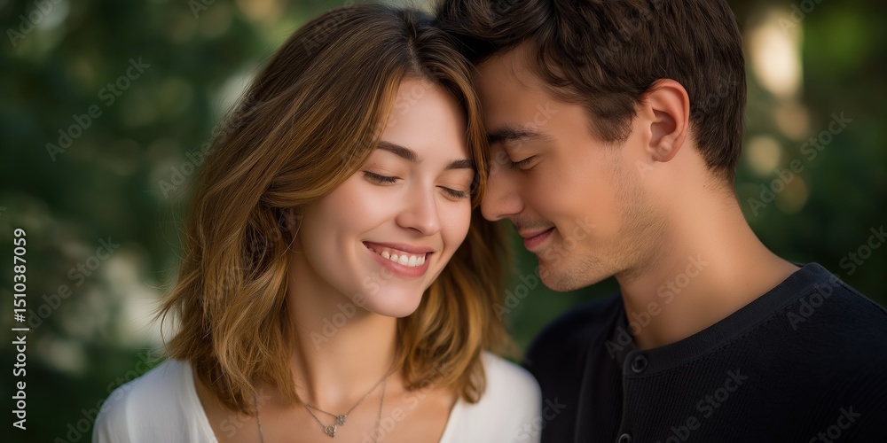 Fototapeta premium A couple is hugging and smiling at the camera. The woman is wearing a necklace and the man is wearing a black shirt