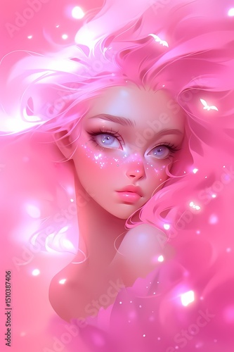 A female character with pink hair and sparkling eyes is set against a soft pink background.