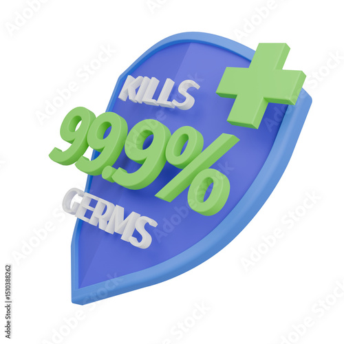 3d render shield with 99.9% writing. concept of protecting from germs