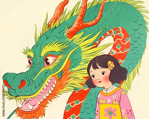 Anime girl in pink kimono with friendly green dragon illustration