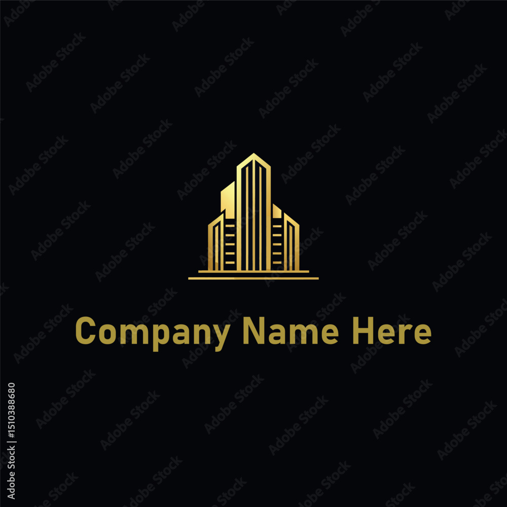 Gold real estate logo with a highrise and house outline Gold real estate logo with a highrise and house outline