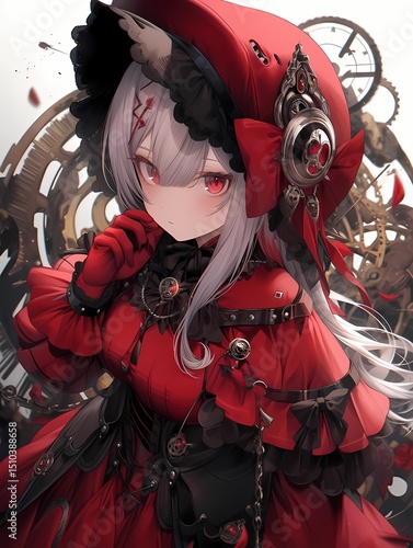 A young girl with striking red eyes and vibrant red dress stands out against a white backdrop, her gaze serious and contemplative, surrounded by steampunk-inspired elements.