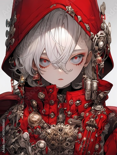 A striking character with glowing red eyes, adorned in vibrant red and silver armor, gazes directly at the viewer.