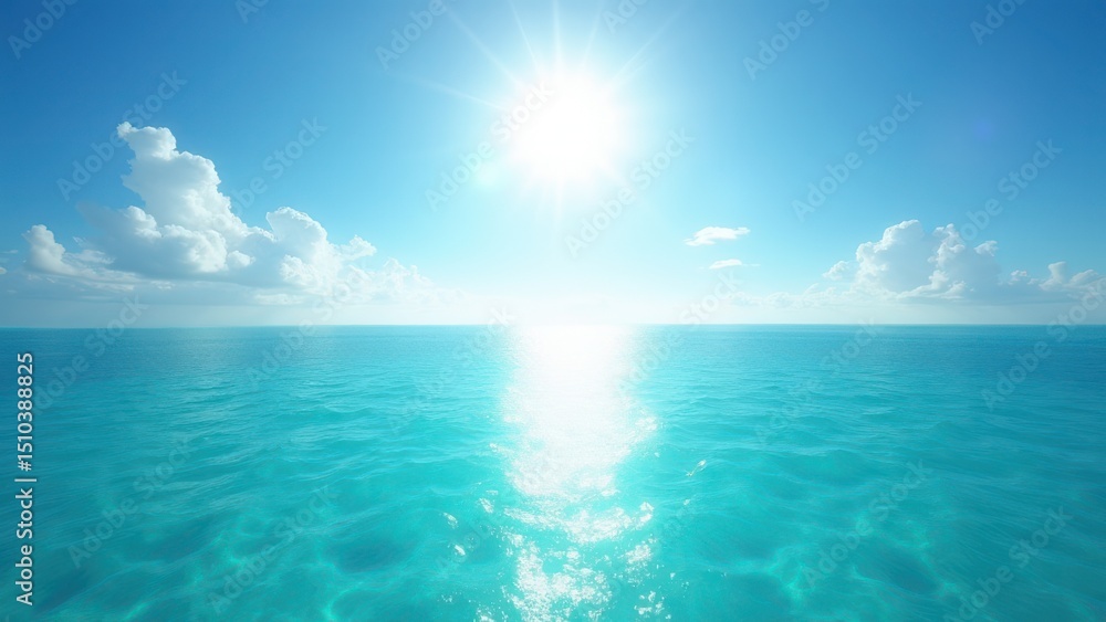 Obraz premium Sunlit turquoise ocean reflecting sunlight with puffy clouds in bright blue sky