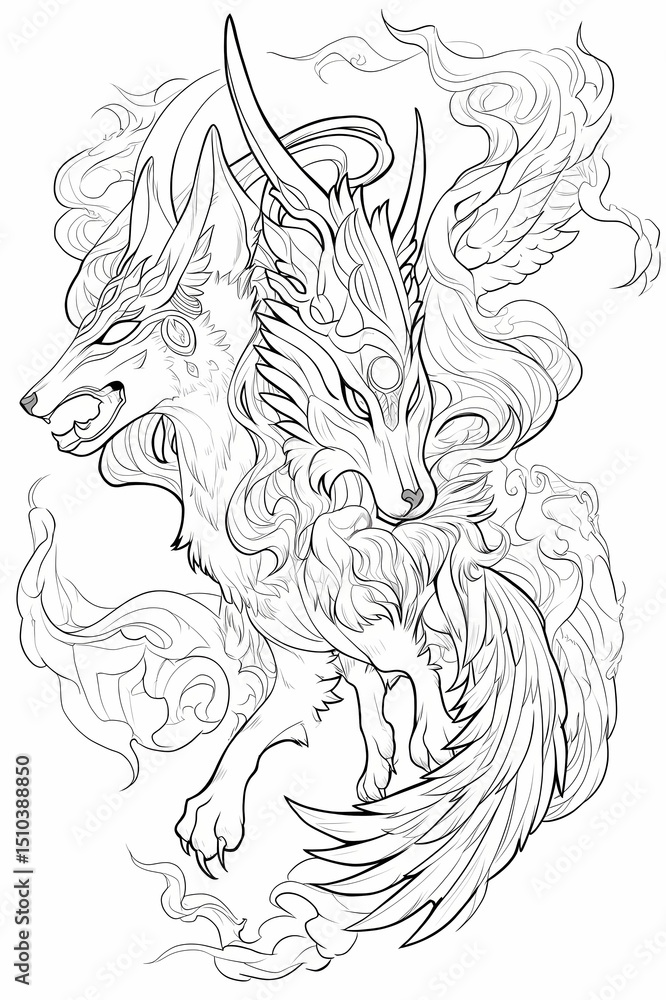 Fototapeta premium Two mythical creatures, wolf body bird head, monochrome line art, fantasy beasts, intricate designs, contrasting poses, anime illustration.