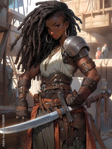 Young woman warrior with dreadlocks, medieval armor, sword in hand, shipyard