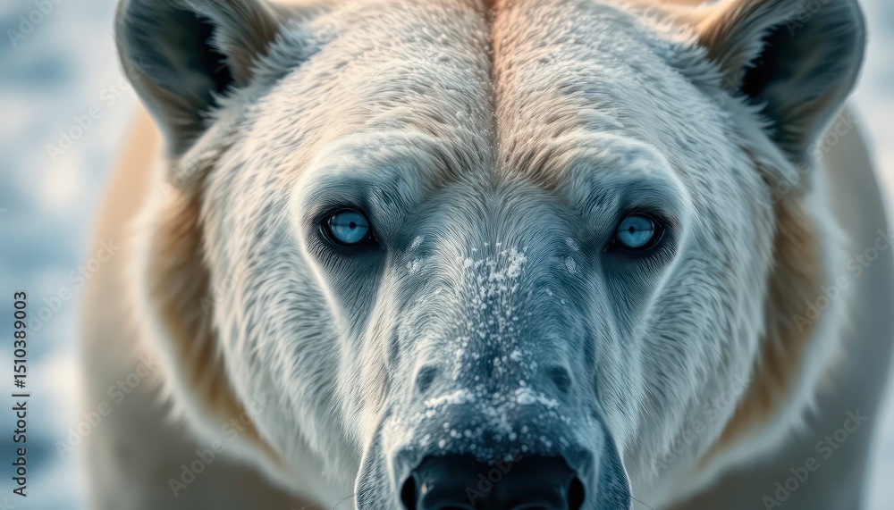Fototapeta premium Close-up portrait of a polar bear standing on snowy arctic terrain. The image shows sharp detail of the bear’s face, fur, and intense gaze, highlighting strength and survival in a frozen environment