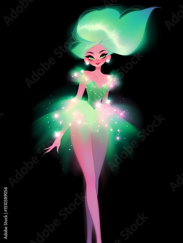 A fantasy character with vibrant green hair and dress stands against a black background.