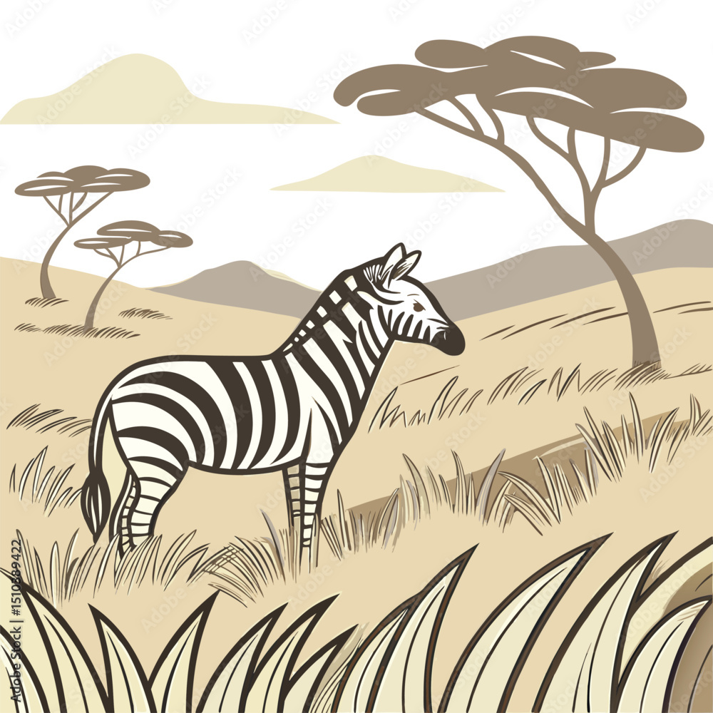 Obraz premium Zebra in Savanna Illustration, Cartoon Zebra in Landscape, African Landscape with Zebra.