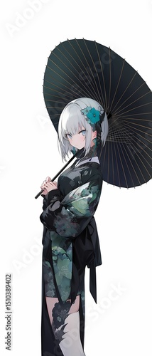 Woman in black kimono, white hair, blue eyes, floral umbrella, flower hair ornament