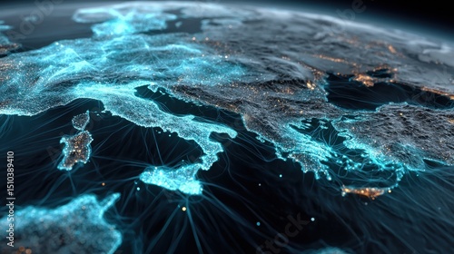 A globe with a network of lines and dots surrounding it
