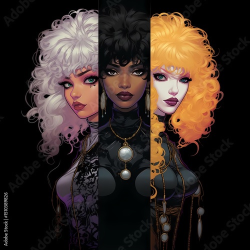 Triptych of three anime women with distinct styles against black background, elegant beauty
