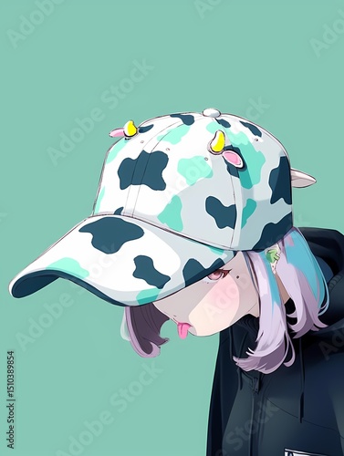 Stylized character with purple hair, black hoodie, cow print cap, horns, anime style