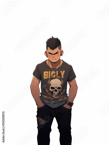 Edgy Anime Man Portrait, Skull Graphic T-Shirt, White Background, Digital Art