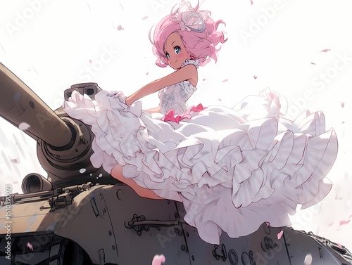 Pink Hair Anime Girl on Tank, Flying Petals, Digital Illustration