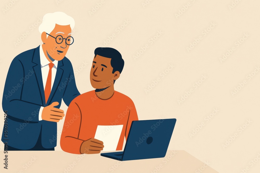 Friendly mentor giving advice to young professional in modern workspace setting with laptop Friendly mentor giving advice to young professional in modern workspace setting with laptop