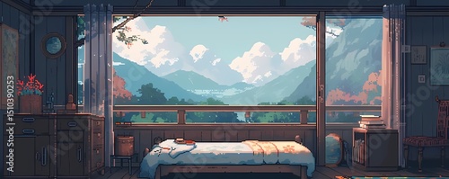Serene 8 bit pixel art bedroom interior.