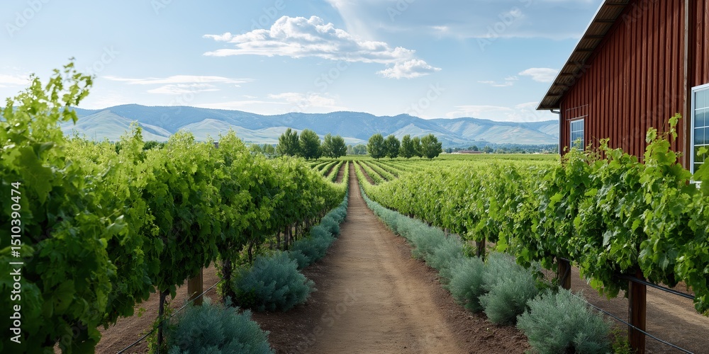 Fototapeta premium A vineyard with a red barn in the background. The vineyard is full of green vines and bushes
