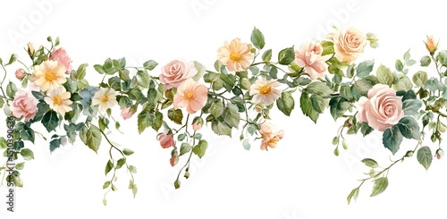 Fototapeta Naklejka Na Ścianę i Meble -  A floral garland of watercolor flowers in pastel colors, including roses and daisies, hangs down on the right side of an isolated white background. The composition is centered,