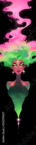 Pink skinned woman with pink eyes, sparkling makeup, pink green hair, glittering earrings, dark dress, black background