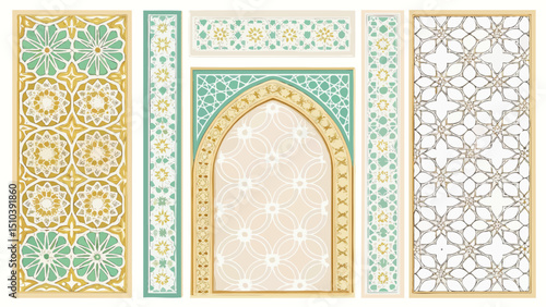 Islamic geometric pattern vector set with ornate borders, arched frame, and decorative elements - Arabic traditional design collection.