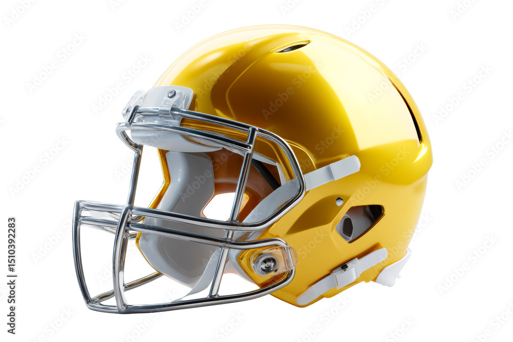 Fototapeta premium Shiny yellow football helmet with face guard on transparent background