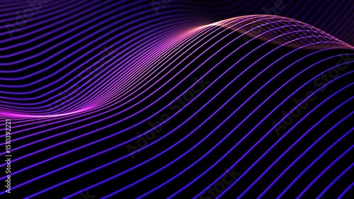 Smooth wave motion of bright neon curved lines on black background. Abstract concept of artificial intelligence network (AI), data science or digital soundwaves. Sound waves equalizer, 4K looped video