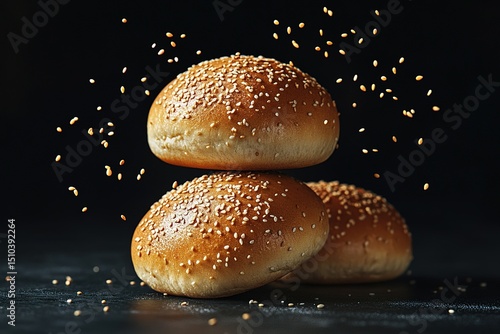 Three sesame seed burger buns stacked on black background