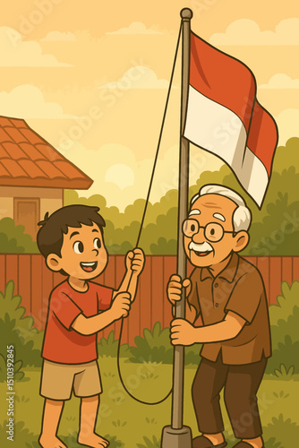 Patriotic Education: Grandfather and Boy Raising Indonesian Flag