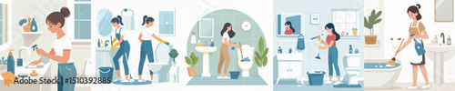 vector of a woman cleaning the bathroom